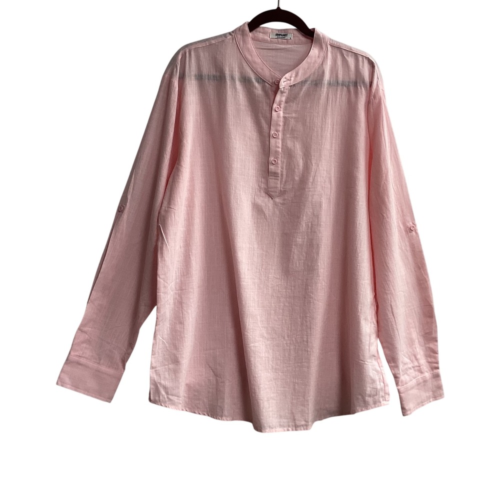 Coofandy Mens Shirt Cotton Hemp Blend XL Pink Pullover Button Long‎ Sleeves Roll